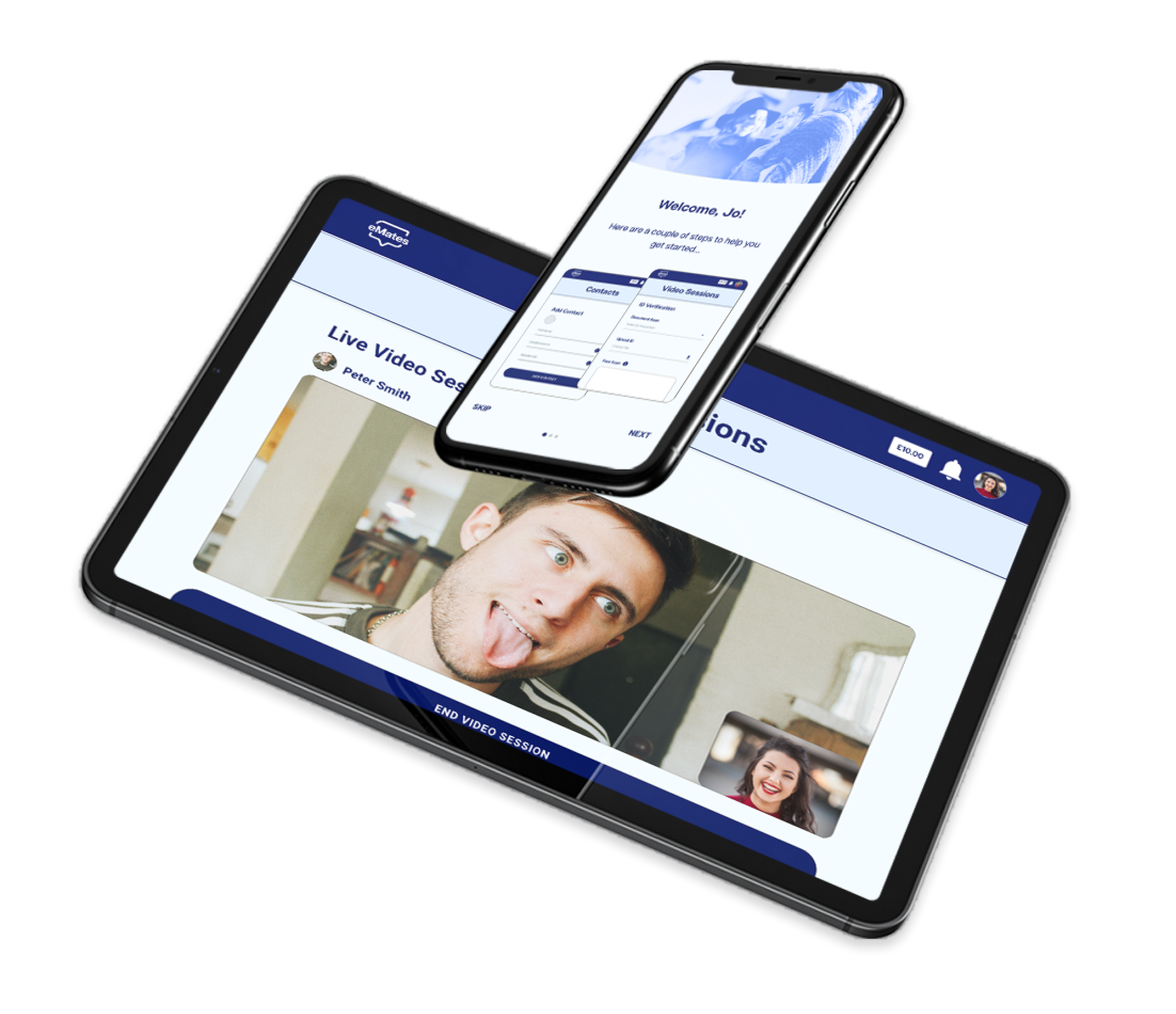 Mobile and tablet screens showing the eMates app video call interface